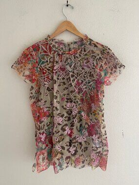 JOHNNY WAS Biya Mesh Short Sleeve Top with Light Green Camisole: Size XS; NWOT!!